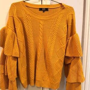 Lucky & Blessed Mustard Ruffle-Sleeve Cable Knit Sweater